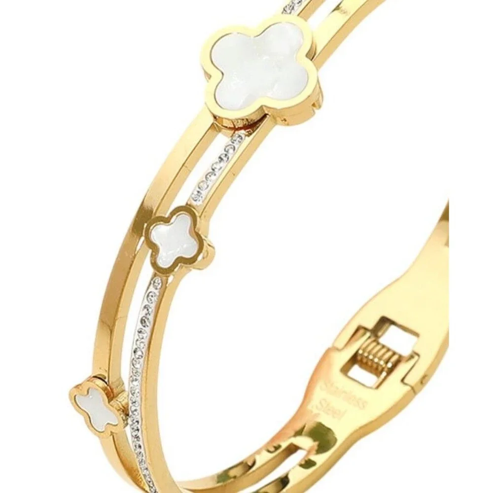 White Gold Metal Split Mother Of Pearl CZ Quatrefoil Clover Bracelet Bangle